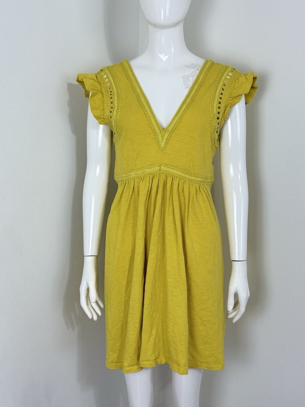 Boden Women’s Yellow Eyelet Lace Ruffle Sleeve Mini Dress Cottagecore Boho 4